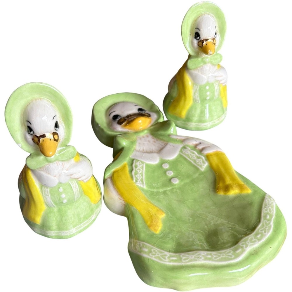 Vintage‎ Scioto Ceramic Duck Goose Spoon Rest Salt Pepper Shakers Hand Painted